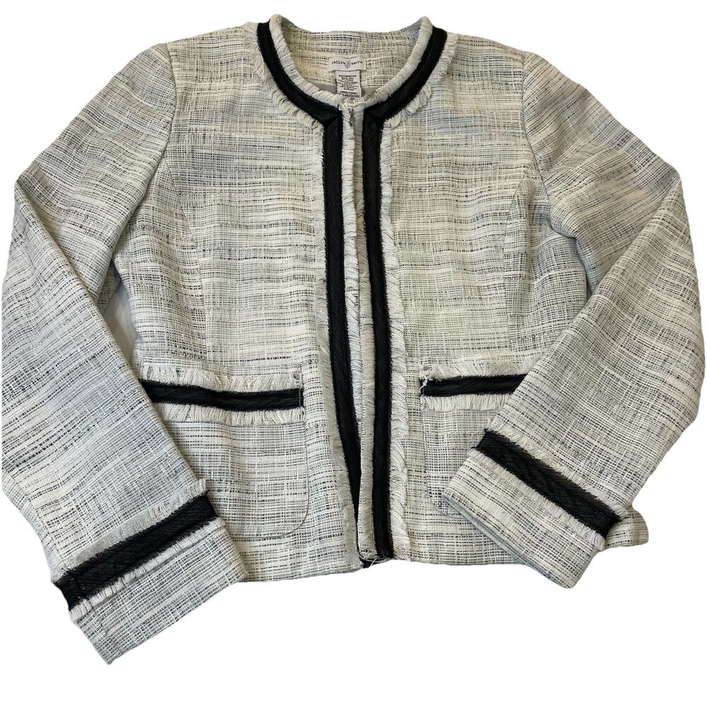 Jaclyn Smith White Tweed Classic Blazer Black Silk Trim- S